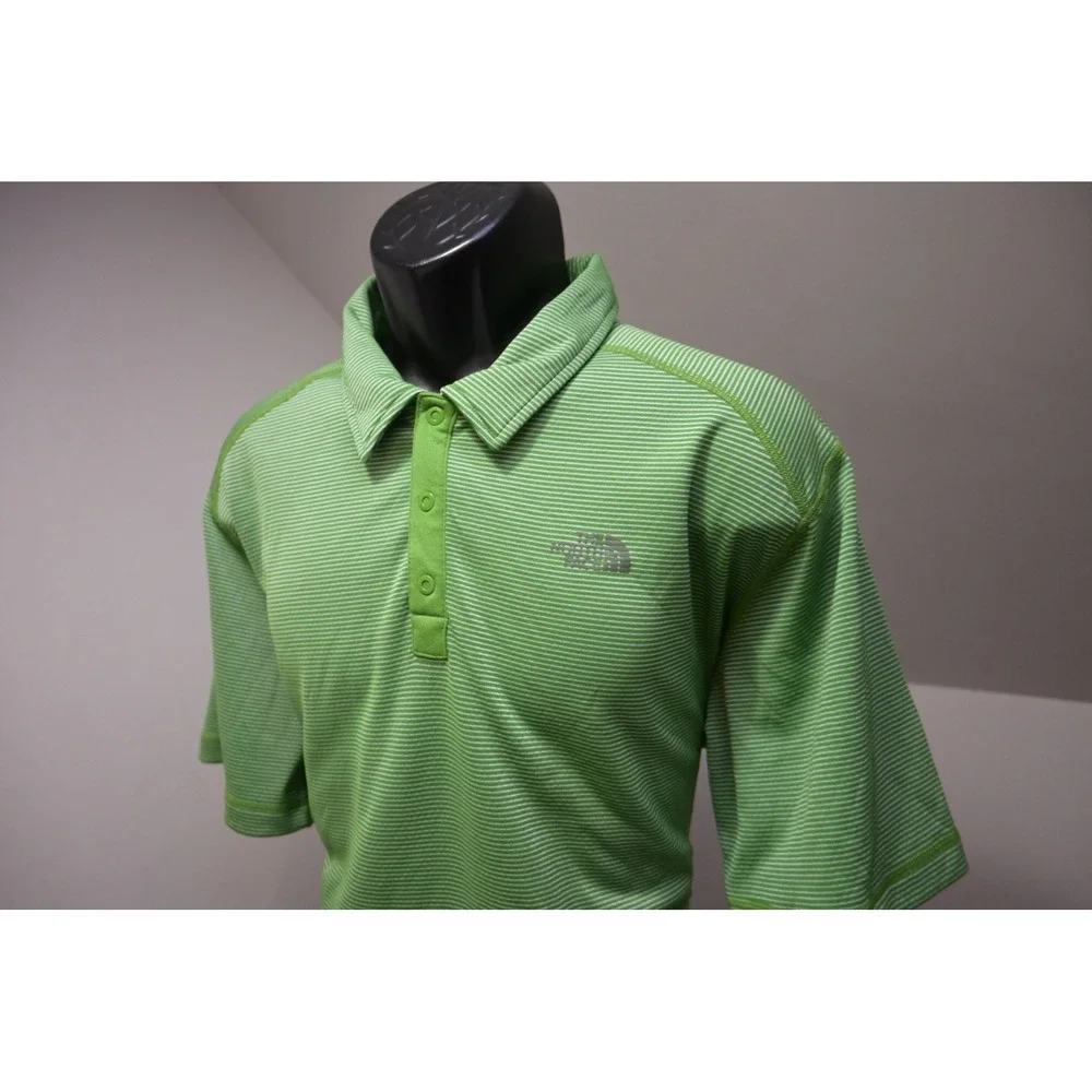 The North Face Polo Shirt Mens XL Green Striped FlashDry Activewear Short Sleeve
